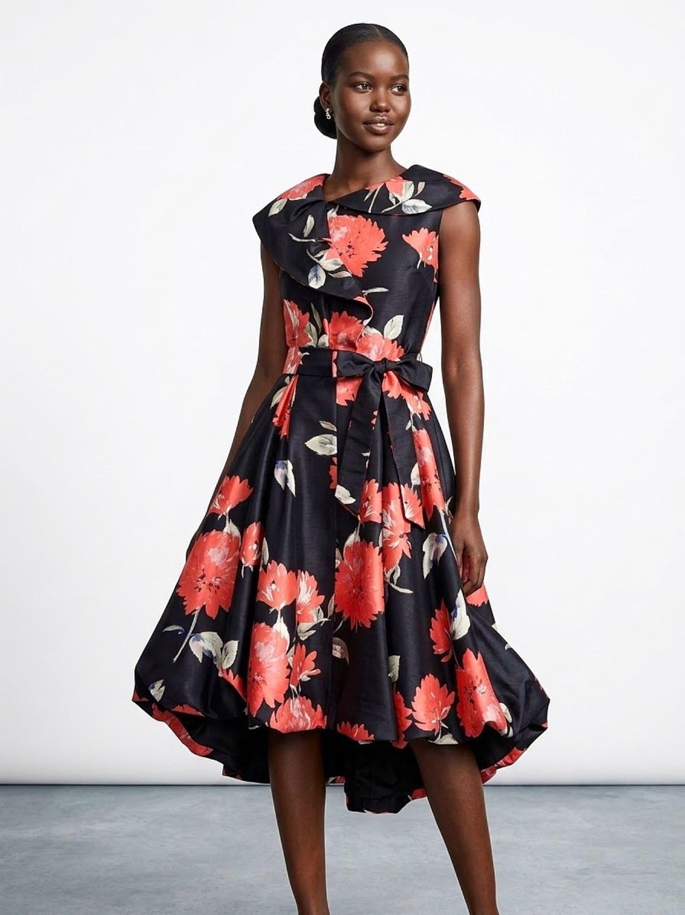 SAMUEL DONG Black Red Bold Floral Cocktail Bubble Dress Tie Waist Belt - Medium